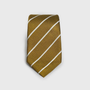 White striped metallic gold silk tie with a textured finish.