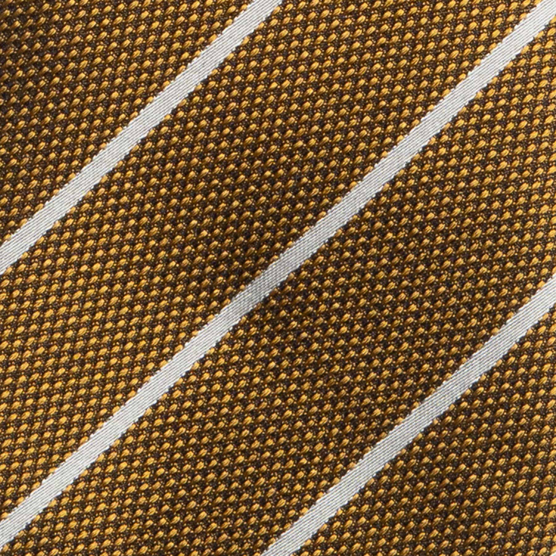 Detailed texture of white striped metallic gold silk tie fabric.