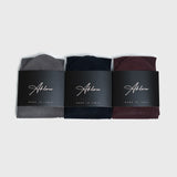 3-Sock Bundle featuring gray, navy, and burgundy dress socks with premium packaging, ideal for stylish everyday wear or gifting.