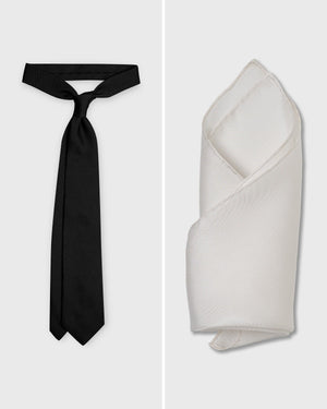 The Black Set — Black Grenadine Tie and White Silk Pocket Square, both handmade in Italy