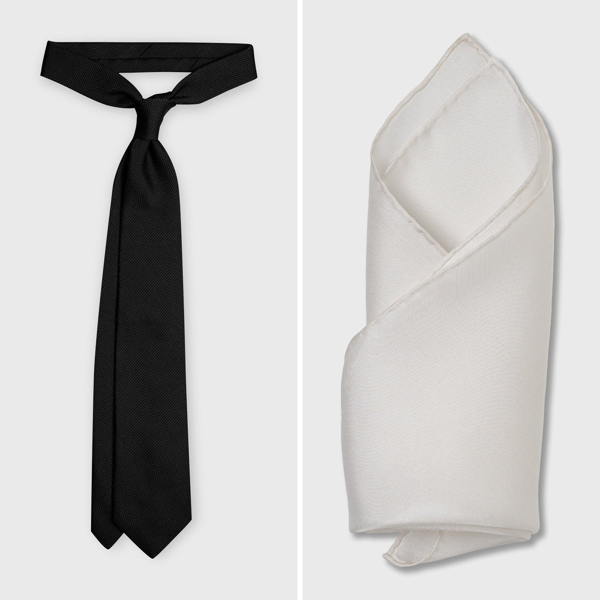 The Black Set — Black Grenadine Tie and White Silk Pocket Square, both handmade in Italy