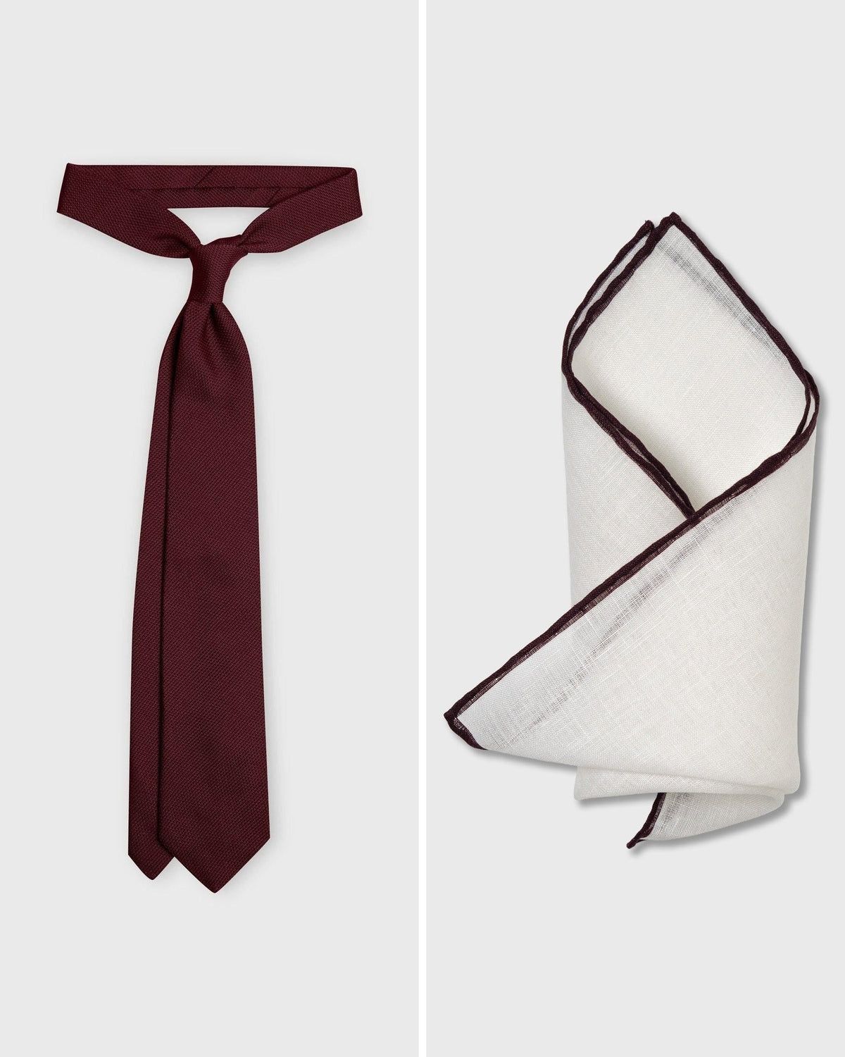 The Burgundy Set — Burgundy Grenadine Tie and Burgundy Edge White Linen Pocket Square, both handmade in Italy