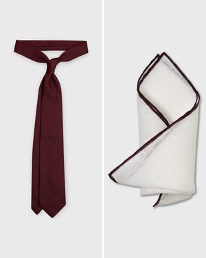 The Burgundy Set — Burgundy Grenadine Tie and Burgundy Edge White Linen Pocket Square, both handmade in Italy