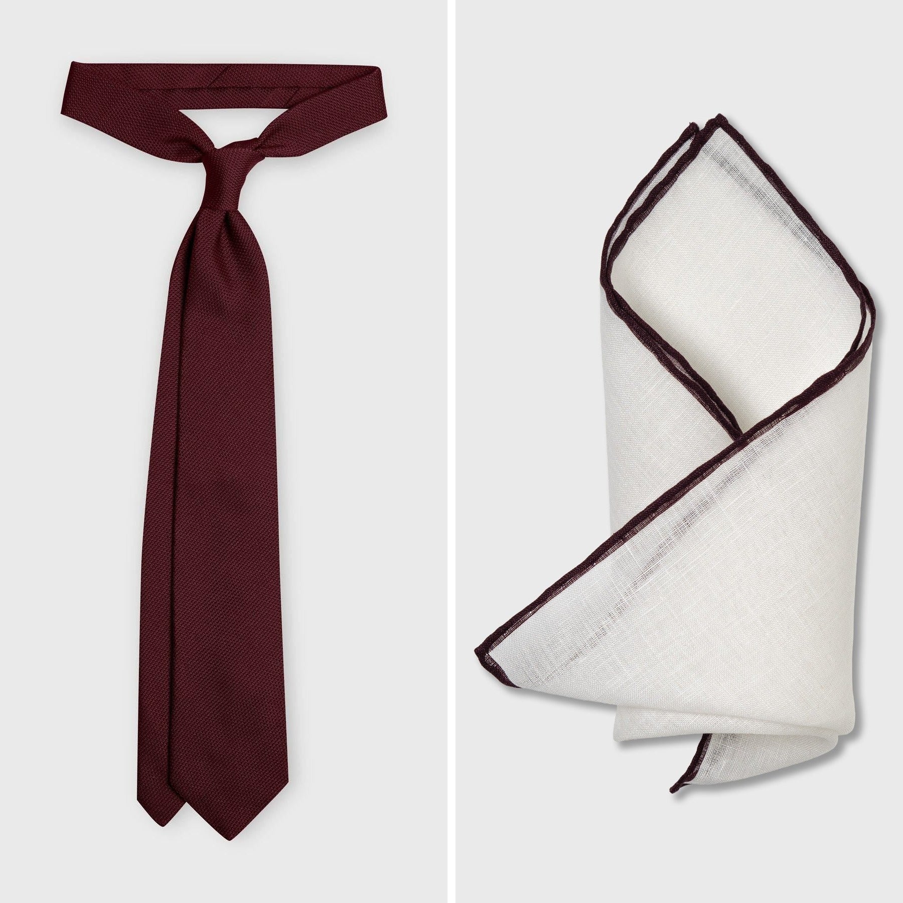 The Burgundy Set — Burgundy Grenadine Tie and Burgundy Edge White Linen Pocket Square, both handmade in Italy