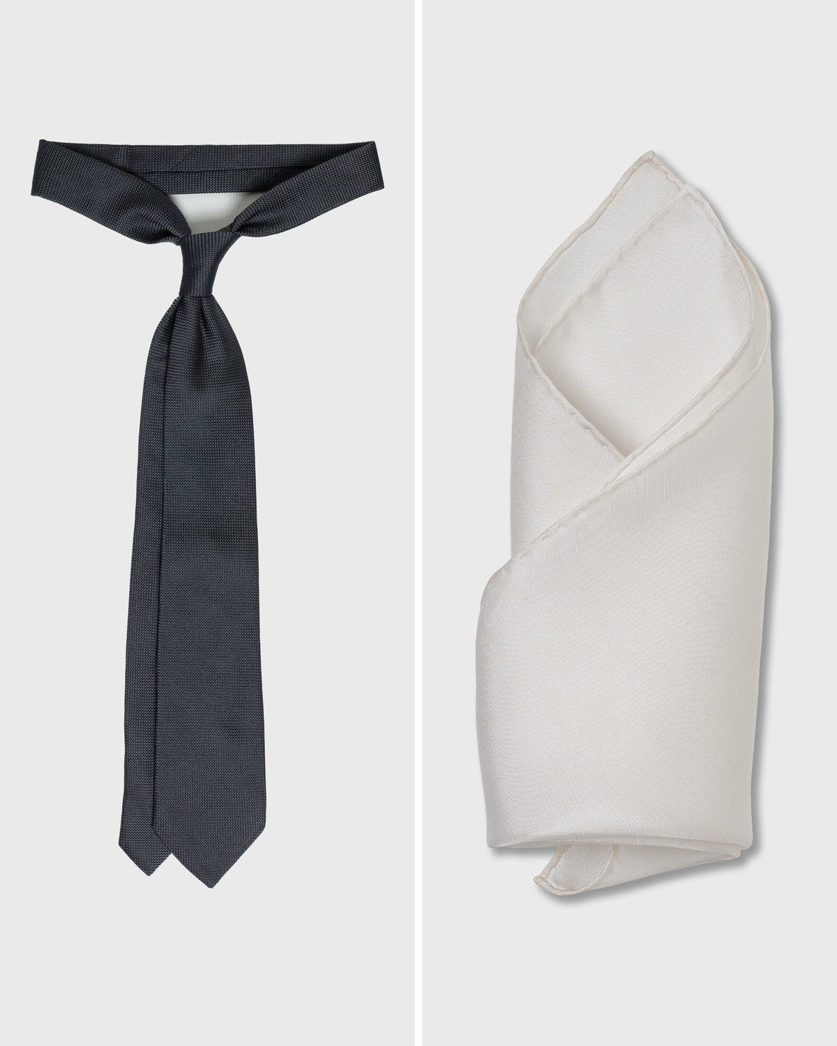The Charcoal Set — Charcoal Grenadine Tie and White Silk Pocket Square, both handmade in Italy