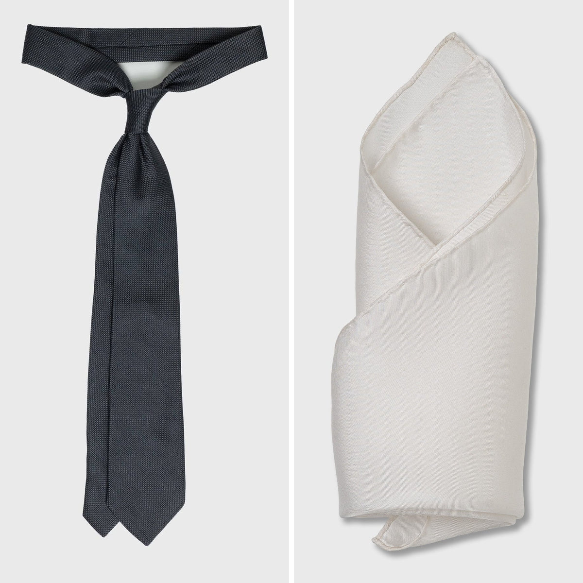 The Charcoal Set — Charcoal Grenadine Tie and White Silk Pocket Square, both handmade in Italy
