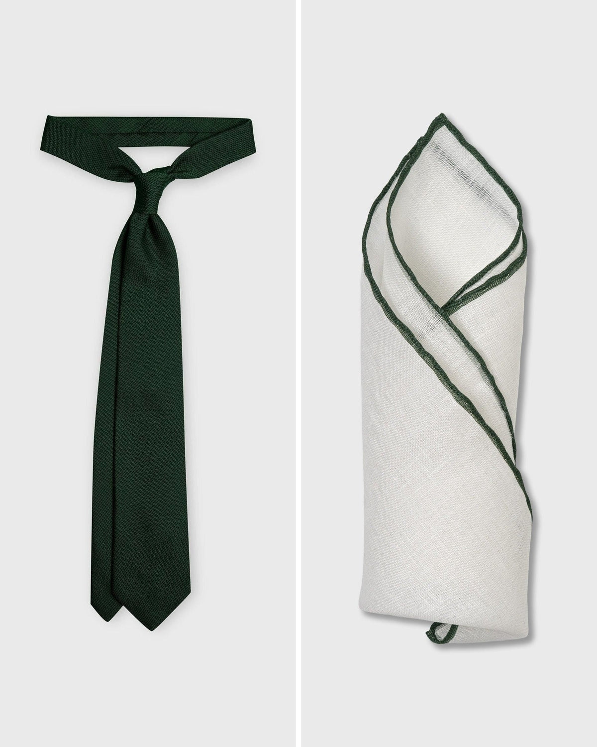 The Forest Green Set — Forest Green Grenadine Tie and Forest Green Edge White Linen Pocket Square, both handmade in Italy