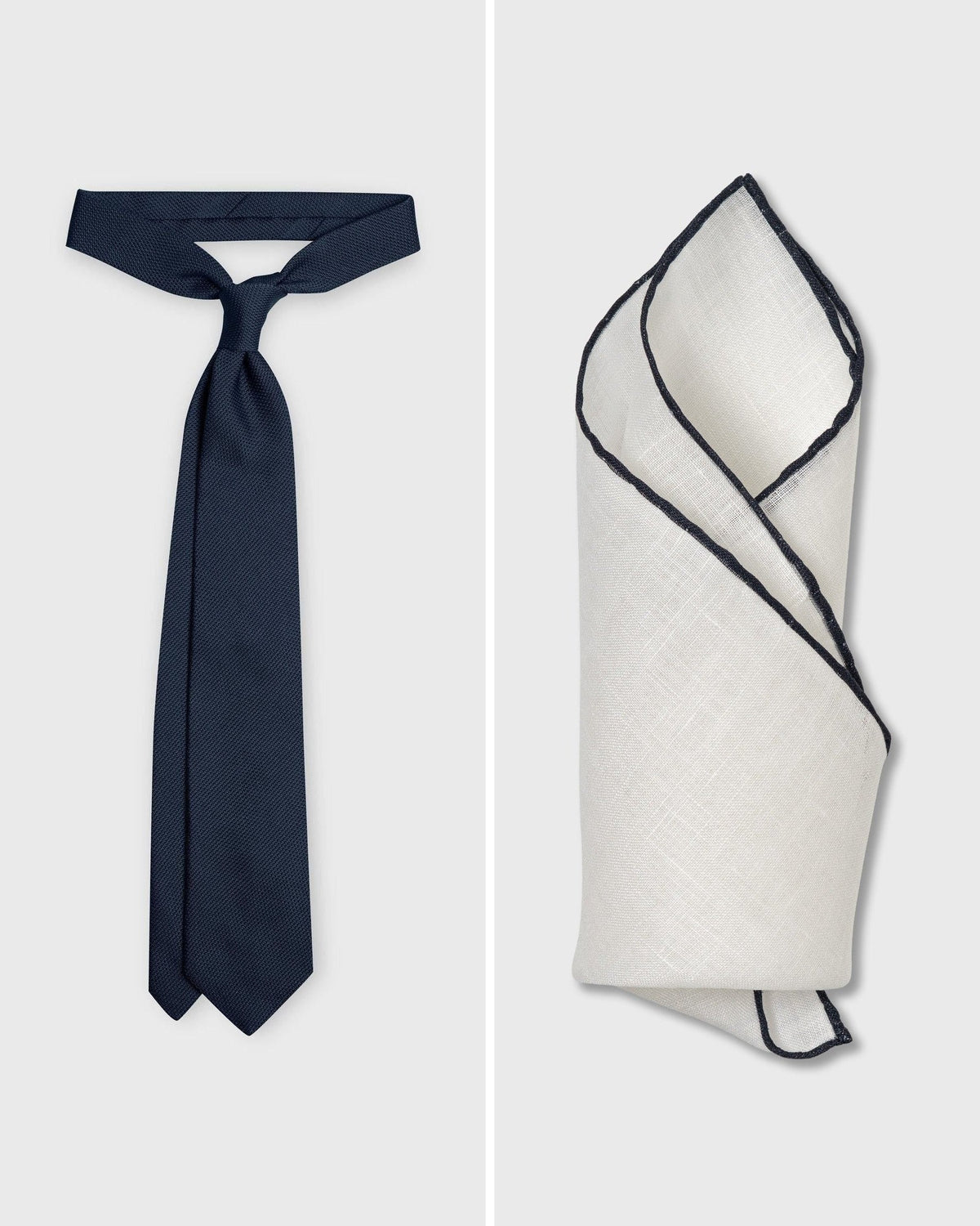 The Navy Set — Navy Grenadine Tie and Navy Edge White Linen Pocket Square, both handmade in Italy