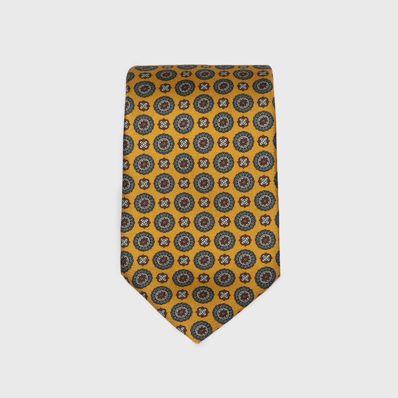 Golden Yellow Medallion Foulard Printed Silk Tie