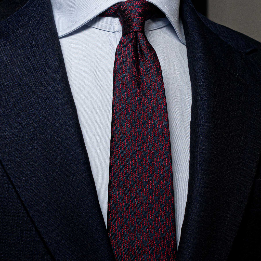 Burgundy and Navy Houndstooth Six-Fold Silk Tie