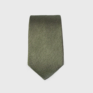 Sage green textured melange silk tie with a six-fold design, front view.