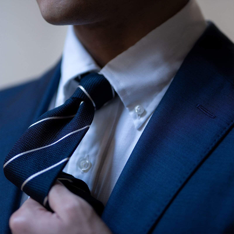 Intro Navy and Steel Blue Block Striped Grenadine Tie Length: 58⅜ Width: 3½”