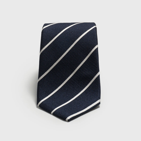 White Striped Deep Blue Six-Fold Silk Tie