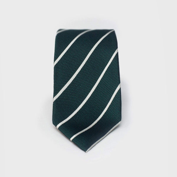 White Striped Metallic Emerald Green Six-Fold Silk Tie - AKLASU
