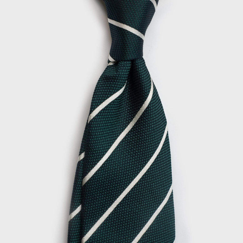 White Striped Metallic Emerald Green Six-Fold Silk Tie | Aklasu