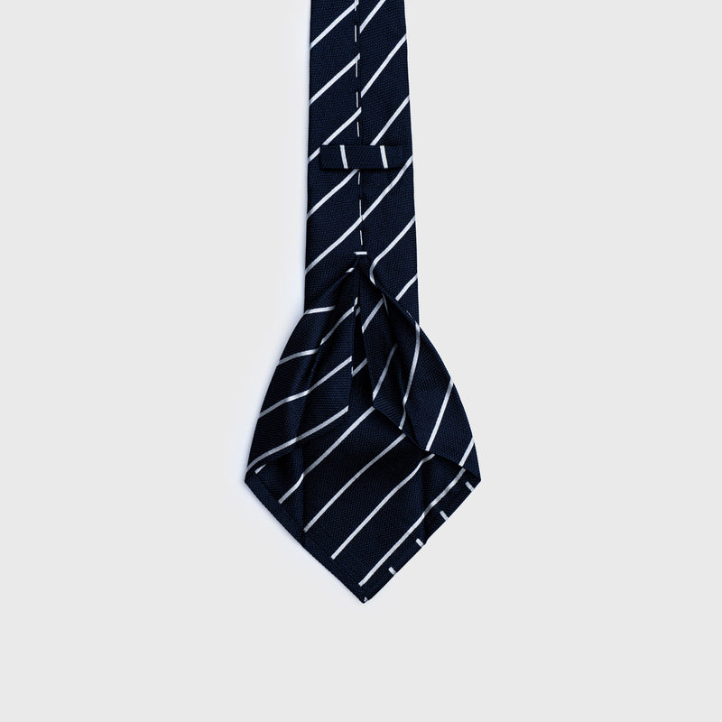 White Striped Deep Blue Six-Fold Silk Tie - AKLASU