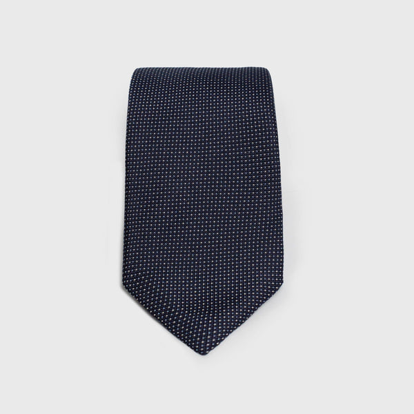 Micro Patterned Navy Blue Six-Fold Silk Tie - AKLASU