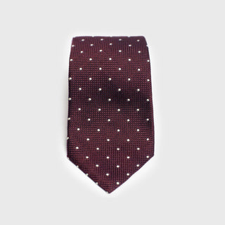 Front view of white dotted deep burgundy grenadine silk tie.