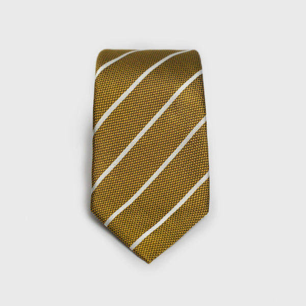 White Striped Metallic Gold Six-Fold Silk Tie - AKLASU